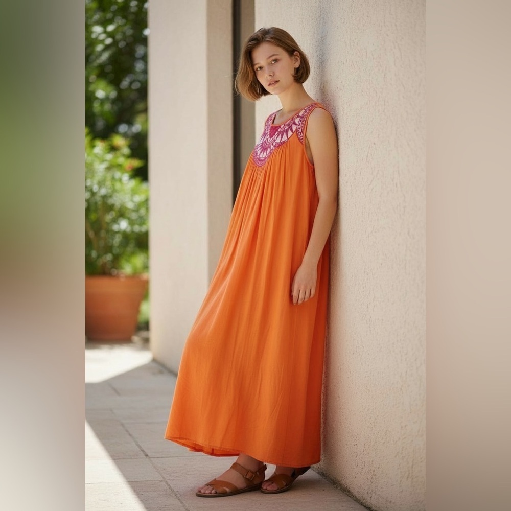 David by David Meister Flowing Orange Maxi Dress with a Pink Lace/Mesh Neckline